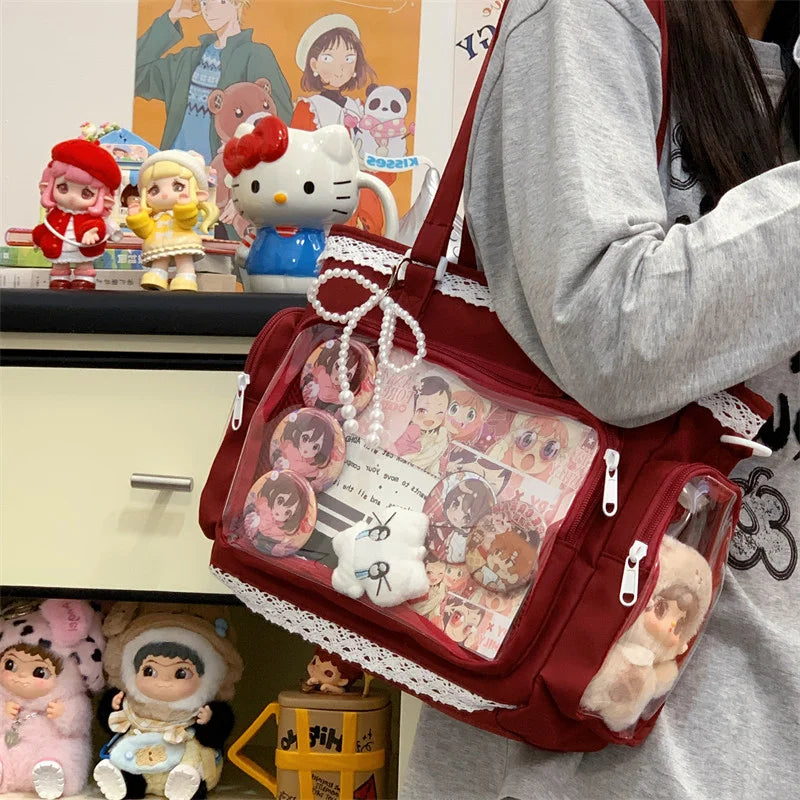 Large capacity transparent Y2K Japanese Ita Bag by HSF Marketplace, featuring a cute Lolita girl design with crossbody style and casual tote handles.