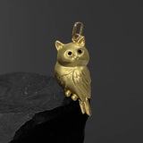 Golden silver textured 3D owl bird necklace pendant for women, featuring a cute, chic animal design in jewelry style.