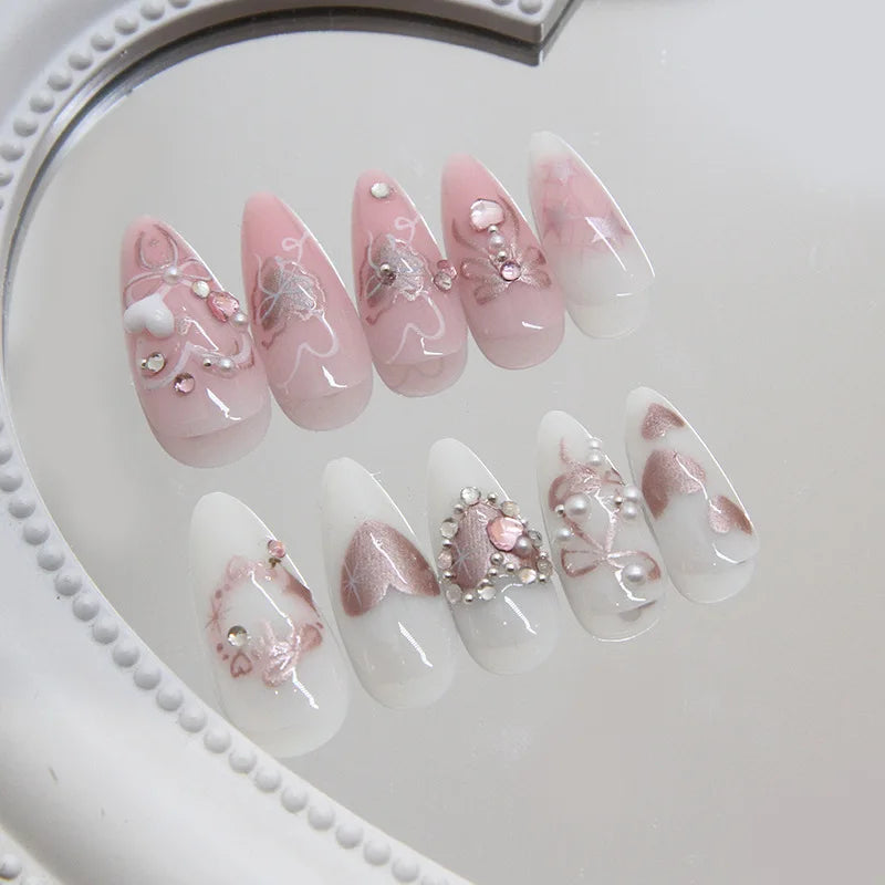 Pink almond press-on false nails with bowknots, love hearts and pearl designs, 24-piece detachable nail tips