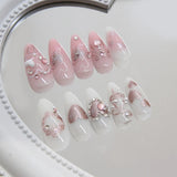 Pink almond press-on false nails with bowknots, love hearts and pearl designs, 24-piece detachable nail tips
