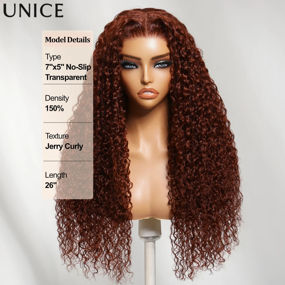 Reddish brown HSF Marketplace human hair wig with glueless kinky curly style and voluminous curls