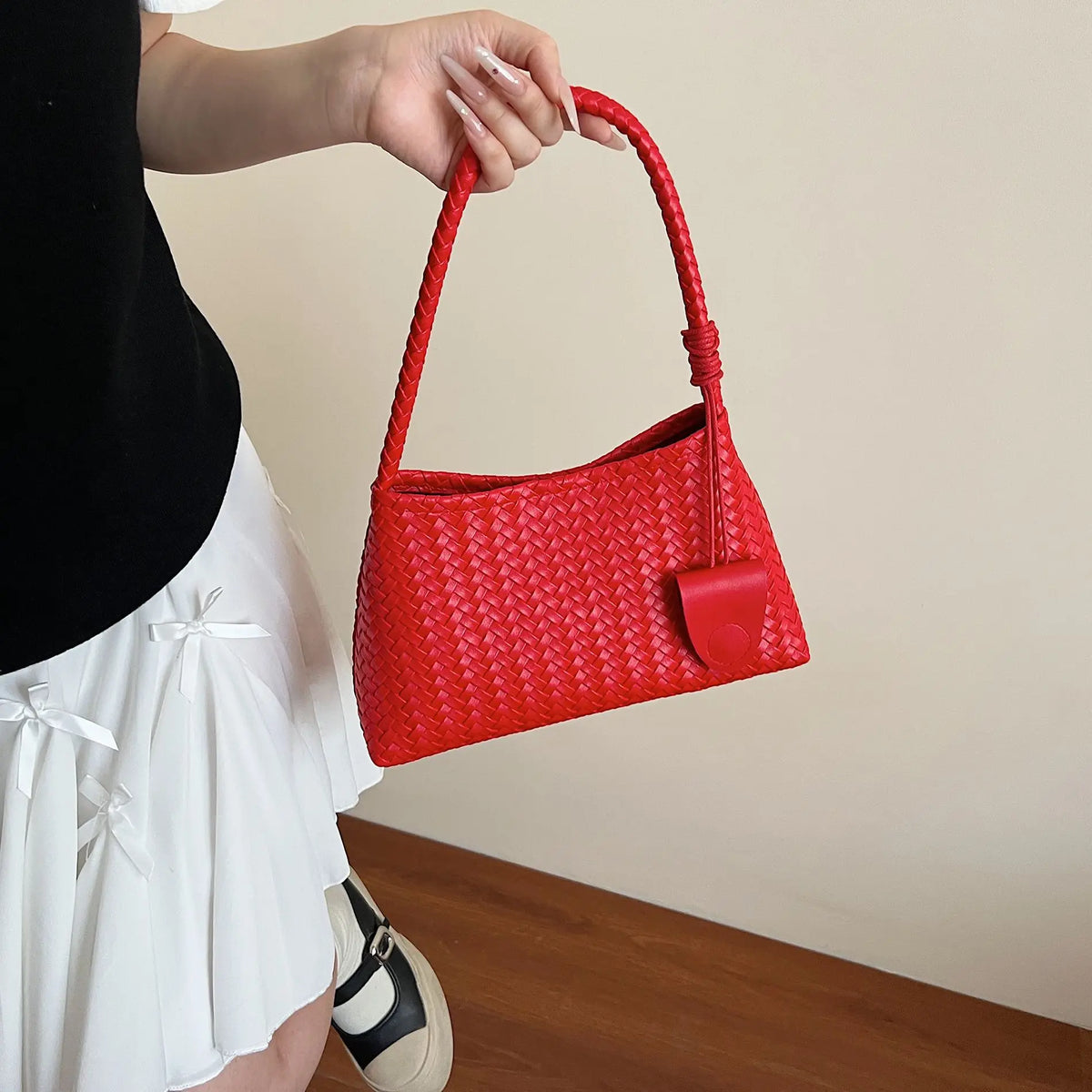 Korean woven shoulder bag for women by HSF Marketplace, featuring a stylish textured design