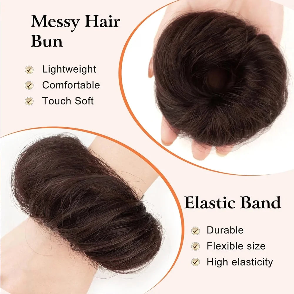 2pcs human hair straight black scrunchies, fluffy messy bun makers for ponytail updos by HSF Marketplace