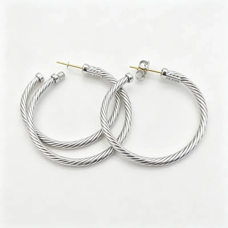 Silver tone large twisted wire hoop earrings with gold post for women, alloy classic jewelry