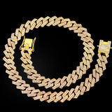 Gold Cuban link chain necklace with rhinestone accents, 16 to 24 inches, featuring a two-row rhombus prong design for men and women