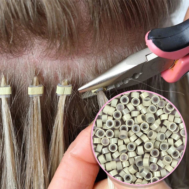 Beige Silicone Tubes Beads Locks Micro Link Ring Tube For Most I-Tip Hair Extension Tips 500Pcs Silicone Lined Micro Ring Beads