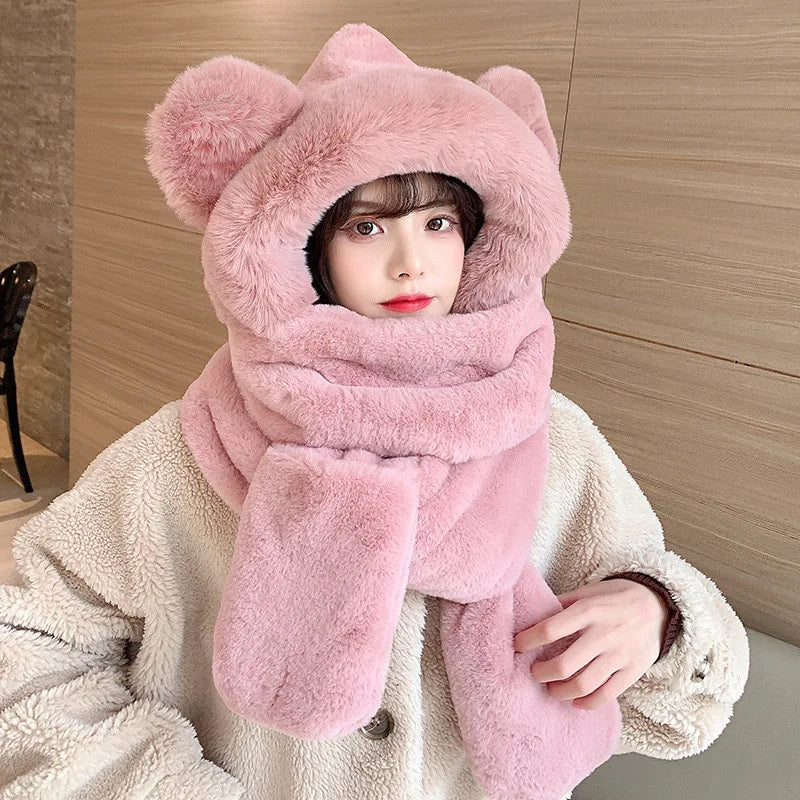 Warm plush fleece 3-in-1 bear ear hooded winter hat and scarf set in brown.blank