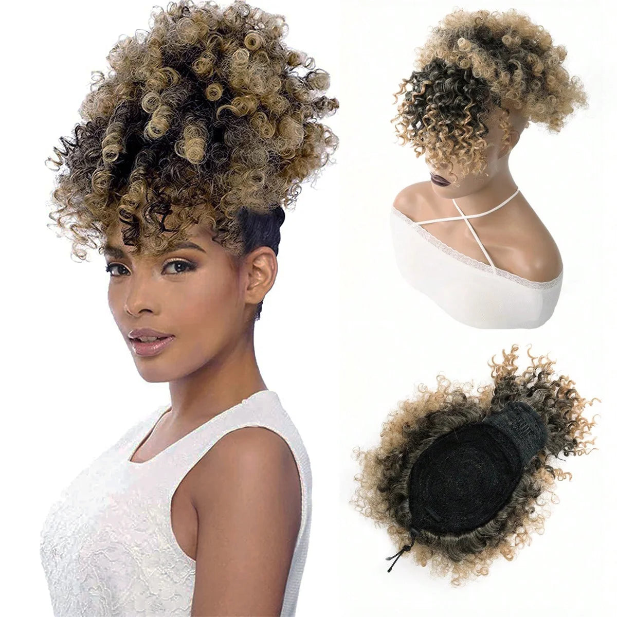 Afro puff drawstring ponytail with bangs, short kinky curly pineapple updo bun for Black women and girls