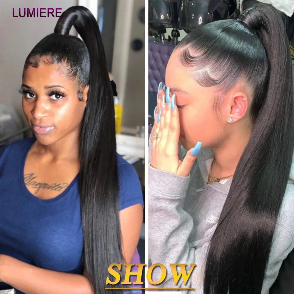 Bone straight wrap-around clip-in ponytail human hair extension, natural black virgin raw Indian hair, 8-24 inches
