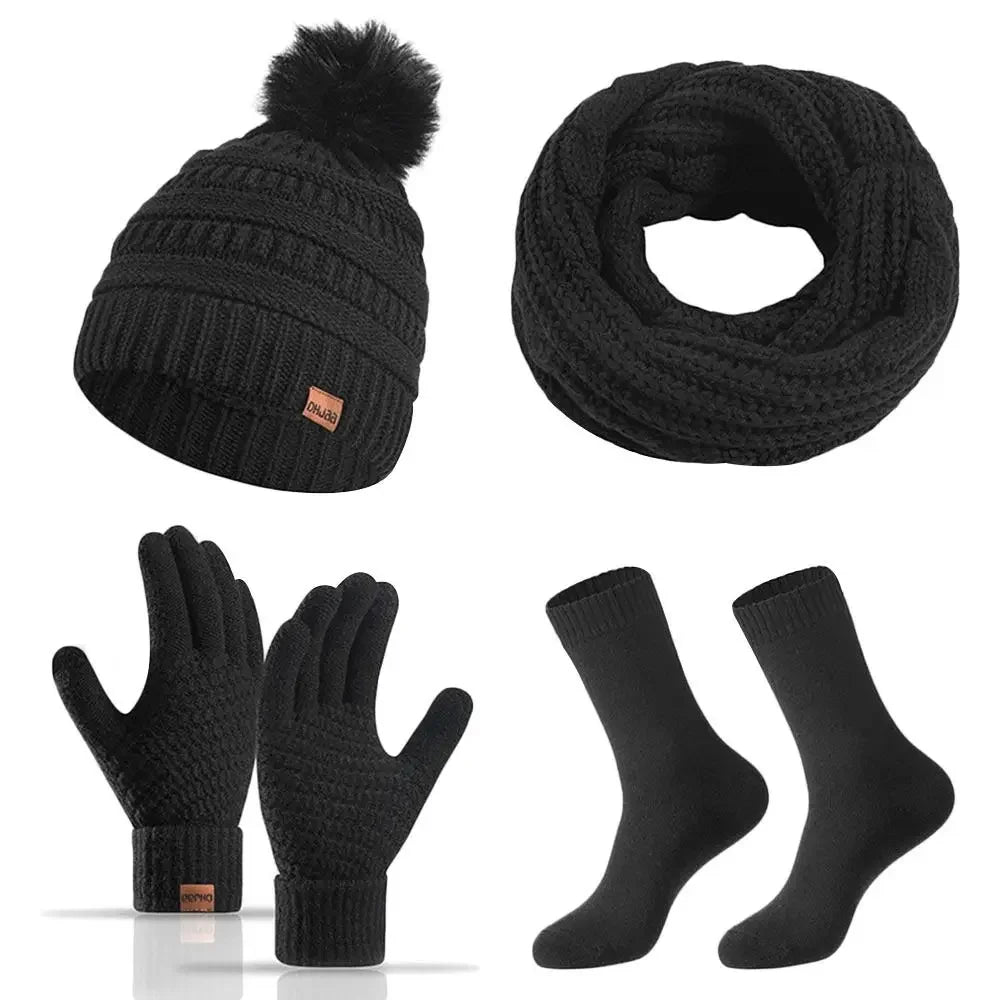 Women's winter hat, scarf, and gloves set with faux fur ball by HSF Marketplace