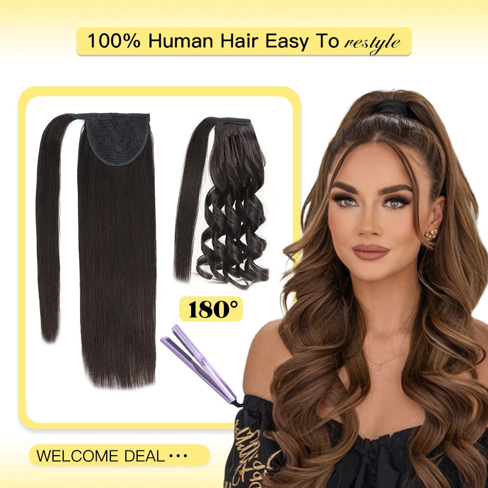 Yelo Ponytail Human Hair 14-18" Highlight Ponytail Extensions 100% Real Human Ponytail Hair Extensions 60g/Set For Women