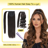 Yelo ponytail human hair extensions in straight blonde, brown, and black shades with clip-on horsetail design