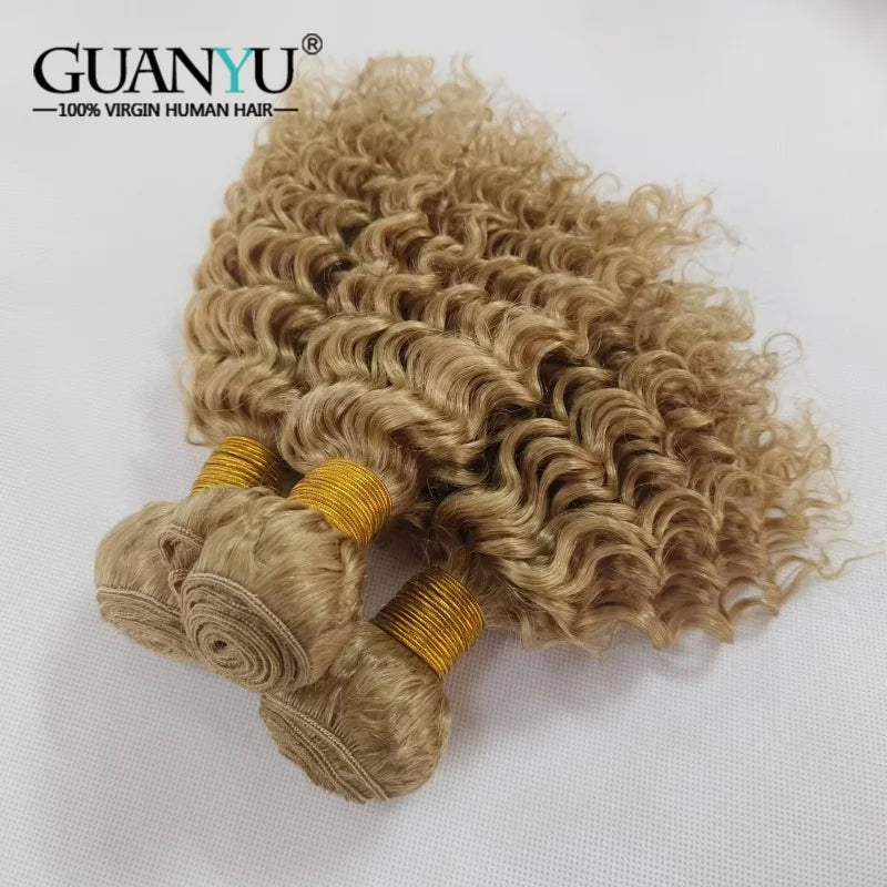 Honey blonde deep wave human hair bundles with lace closure, 100% Remy human hair, ombre color, three bundles from HSF Marketplace.