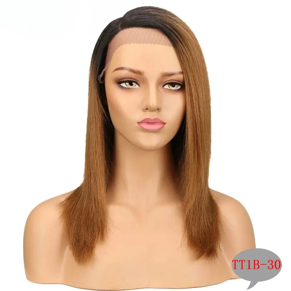 Human hair straight lace wig with side part and ombre color for black women, by HSF Marketplace, showcasing the lace front and sleek style.