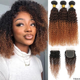12A Highlight Ombre Curly Bundles Human Hair With Closure Ombre Blond Brown Vietnamese Kinky Curly Virgin Hair With 4x4 Closure