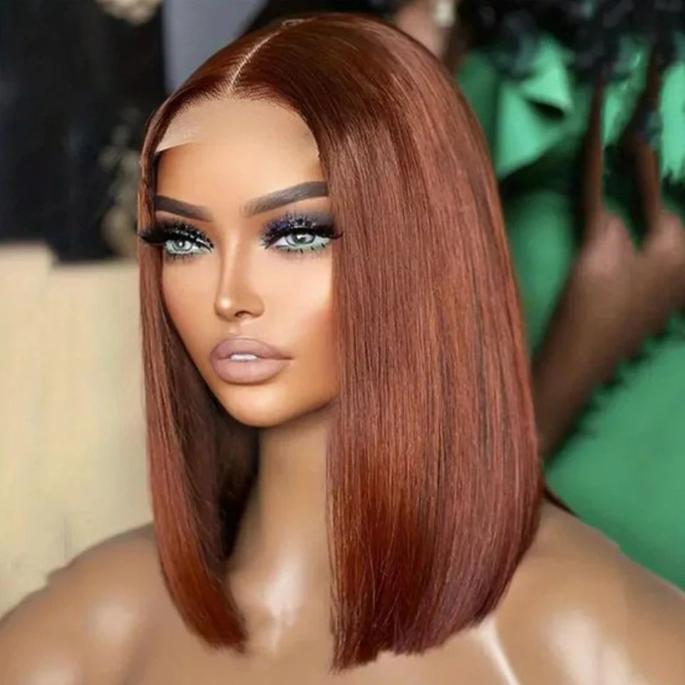 Rebecca short brown bob wig by HSF Marketplace featuring reddish brown Peruvian straight human hair with lace front and T-part design.