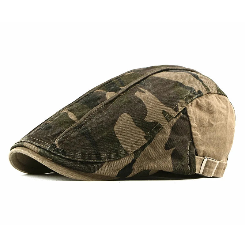 Women's camouflage cotton newsboy flat peaked cap by HSF Marketplace, painter beret style