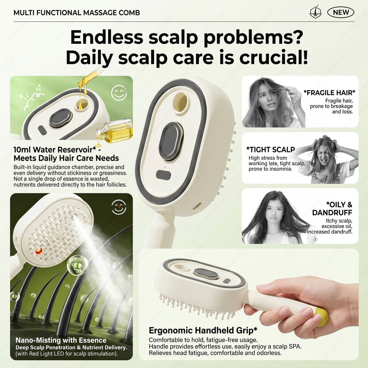 Electric spray hair brush by HSF Marketplace with water misting function, anti-static, retractable steam, and massage comb features.