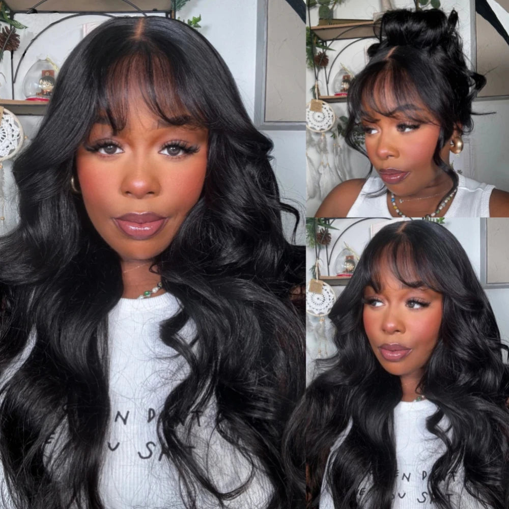 Loose wave lace frontal human hair wig with bangs in natural-looking waves񟟭