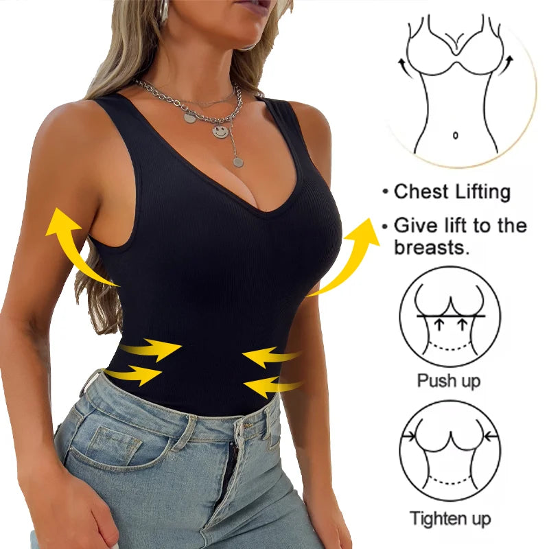 Women’s sleeveless shapewear tank top with wide straps, V-neck, and tummy control compression design
