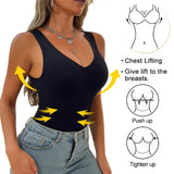 Women’s sleeveless shapewear tank top with wide straps, V-neck, and tummy control compression design