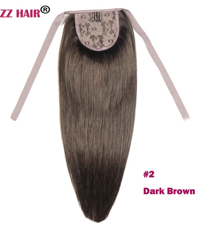 ZZHAIR Brazilian Remy human hair ribbon ponytail extension, natural straight, 16–20 inch, 60g clip-in horsetail
