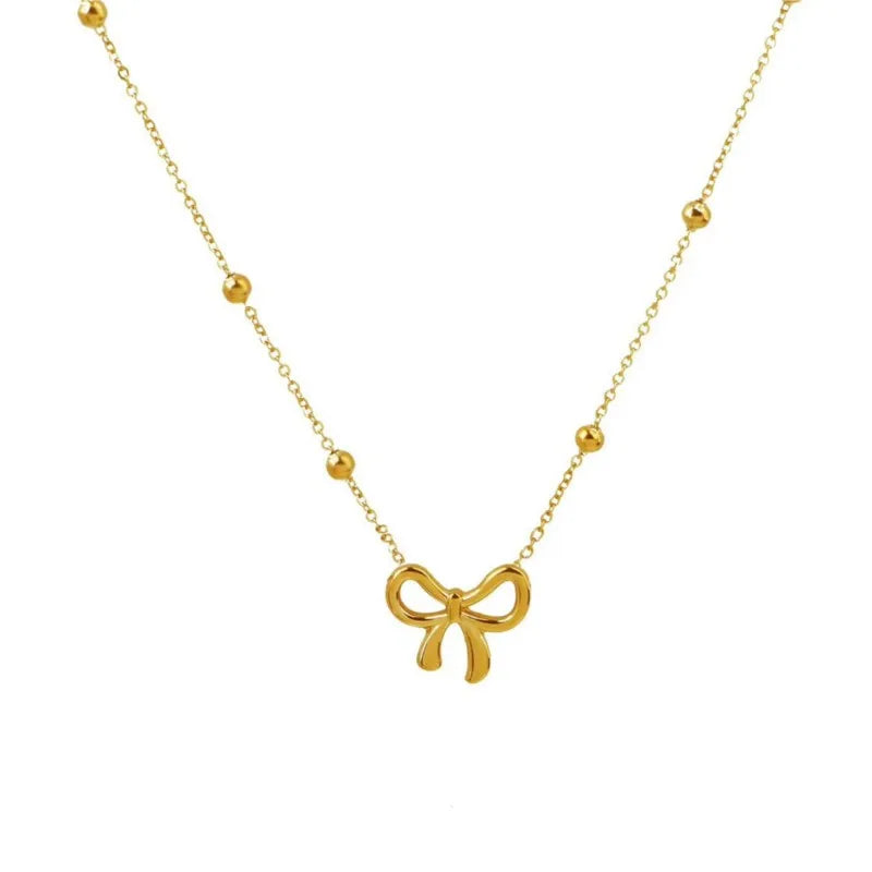 316L Stainless Steel Bowknot Pendant Necklace for Women Trendy Beads Choker Chain Necklace Party Jewelry Accessories