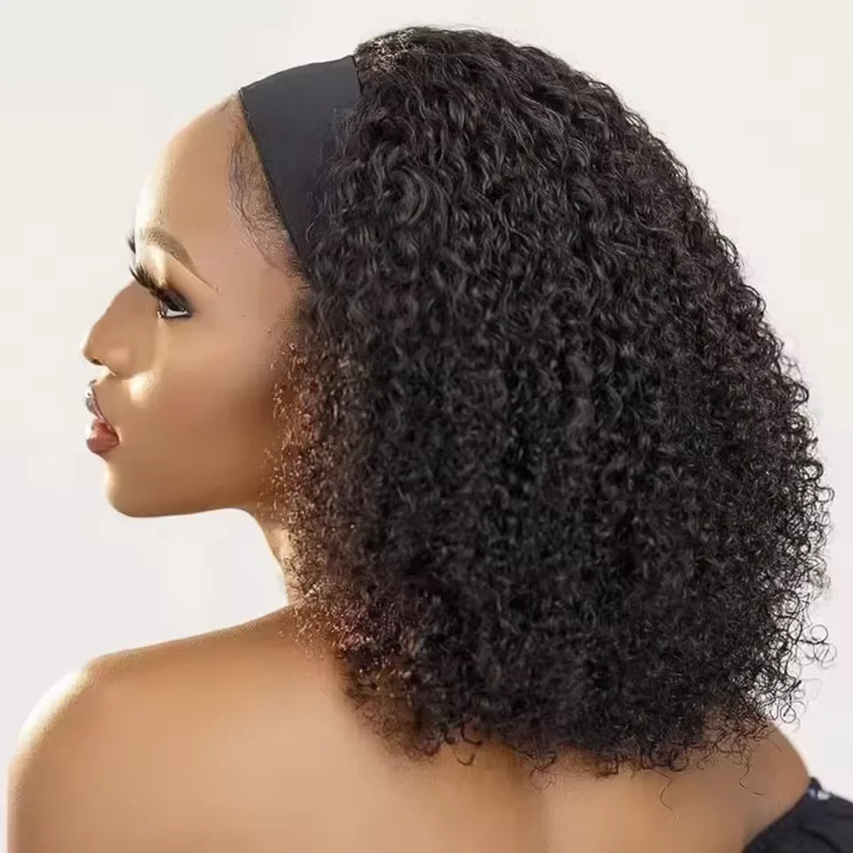 180% Afro kinky curly human hair headband wig, natural Brazilian texture, ready-to-wear style for Black women