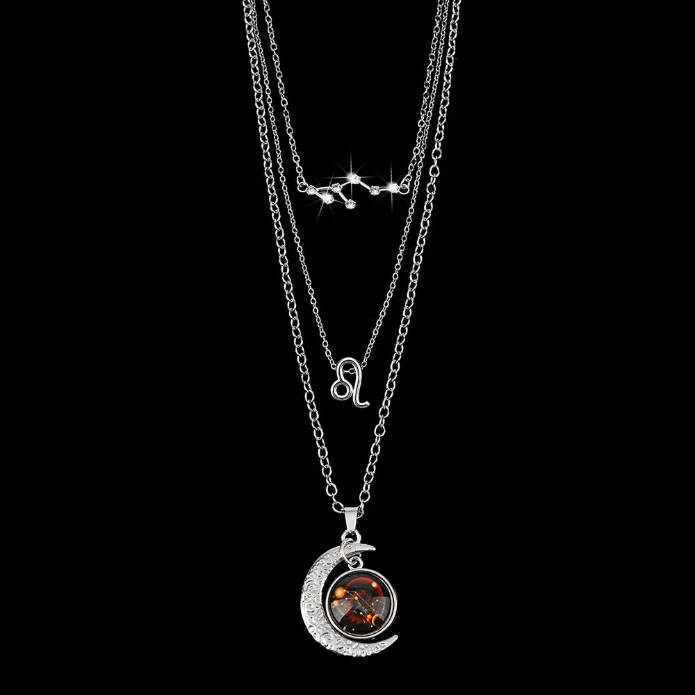 Set of three zodiac moon glow pendant necklaces with birthstone cards, perfect birthday jewelry gift for friends.