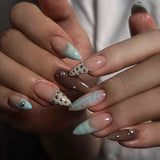 24-piece Sweet Punk pink and black French polka dot striped long coffin press-on false nails