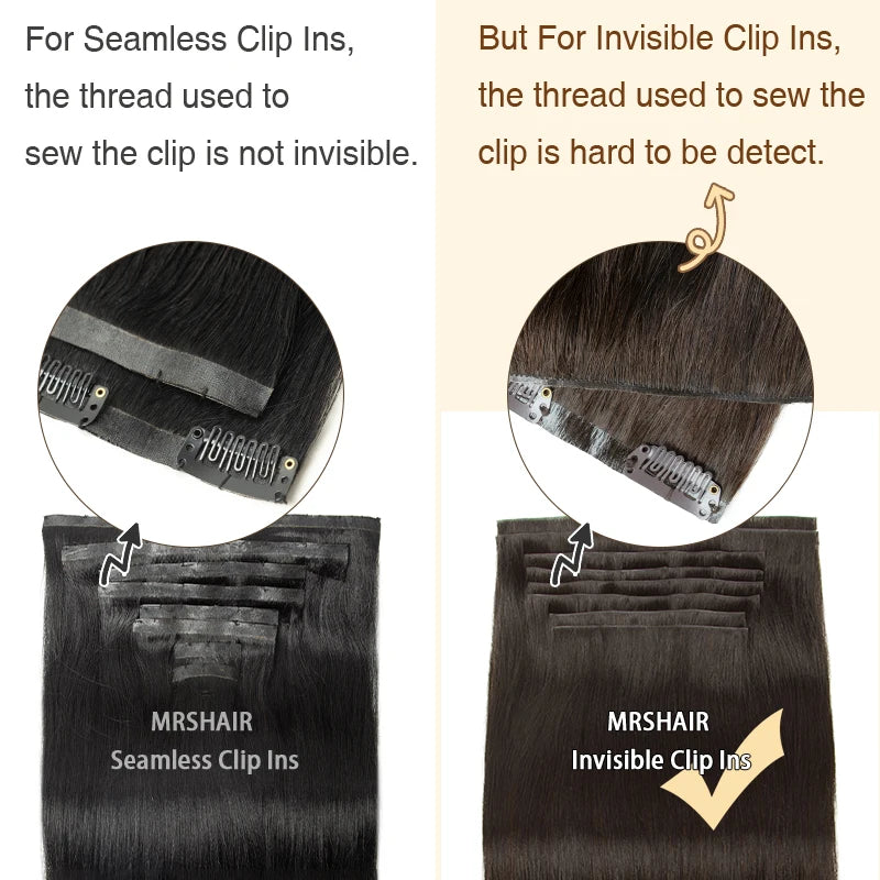 HSF Marketplace invisible PU clip-in human hair extensions, 7-piece set with PU tape weft in 12–24 inch lengths