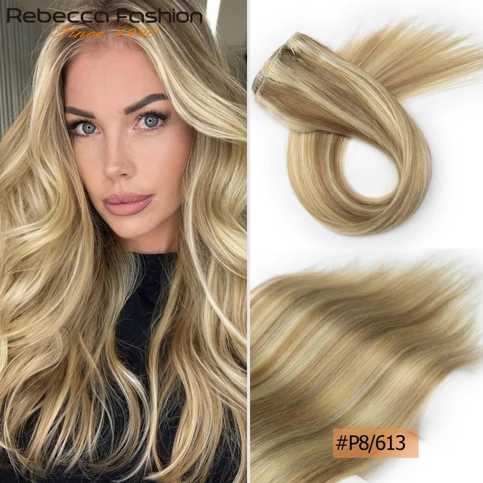 Seven-piece set of HSF Marketplace human hair clip-in extensions with straight style, 16-24 inches, double weft, natural finish.