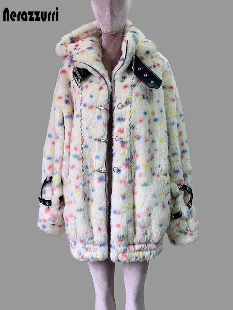 Nerazzurri women's thick multicolored faux fur coat with hood, fluffy winter punk-style jacket