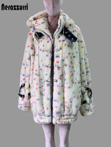 Nerazzurri women's thick multicolored faux fur coat with hood, fluffy winter punk-style jacket