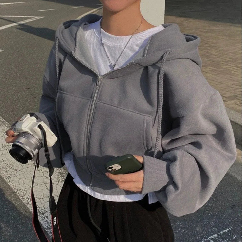 Women's hooded zip-up sweatshirt, casual autumn-winter style, K-Culture merch by HSF Marketplace