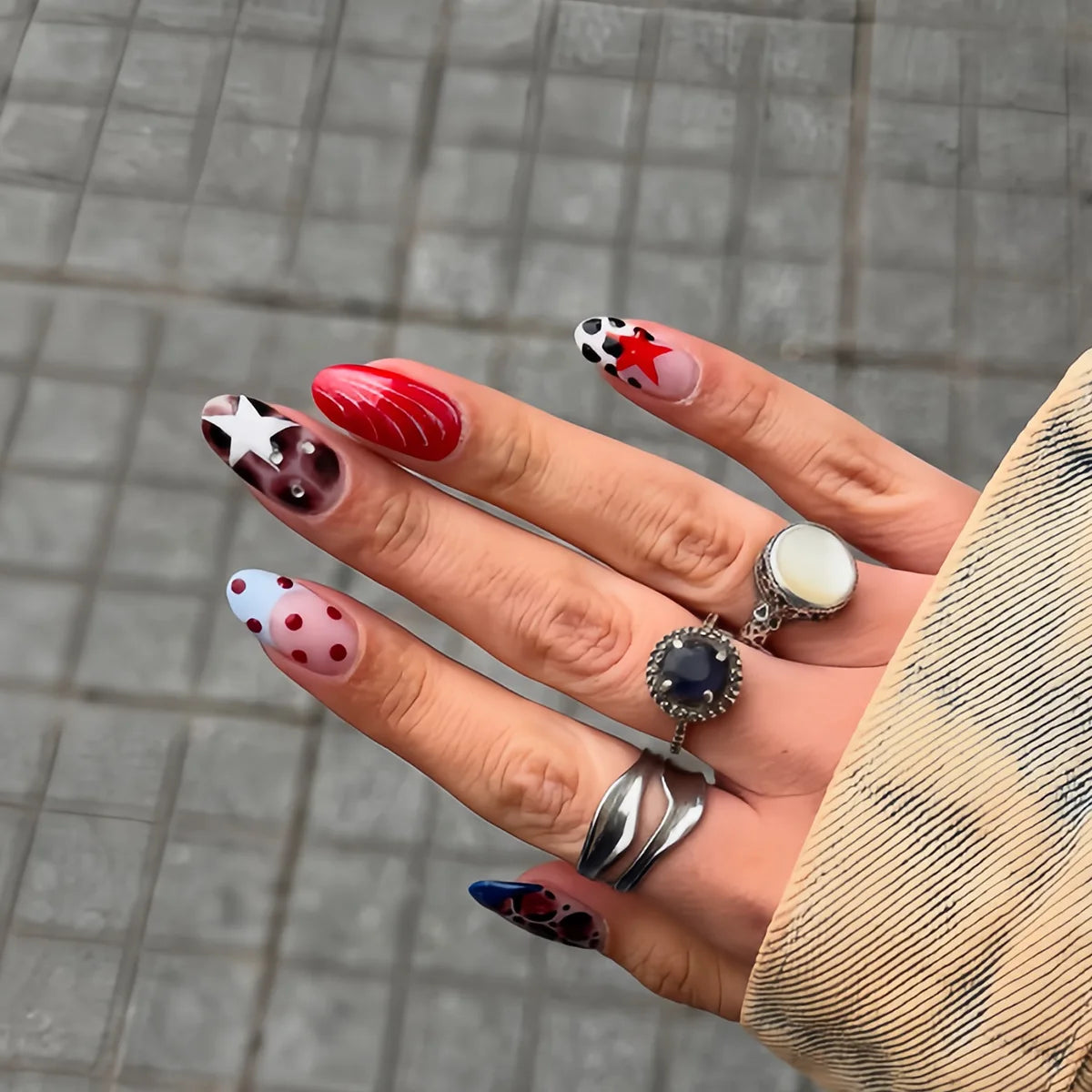 24pc Sweet Punk pink and black French polka dot striped long coffin press-on false nails by HSF Marketplace