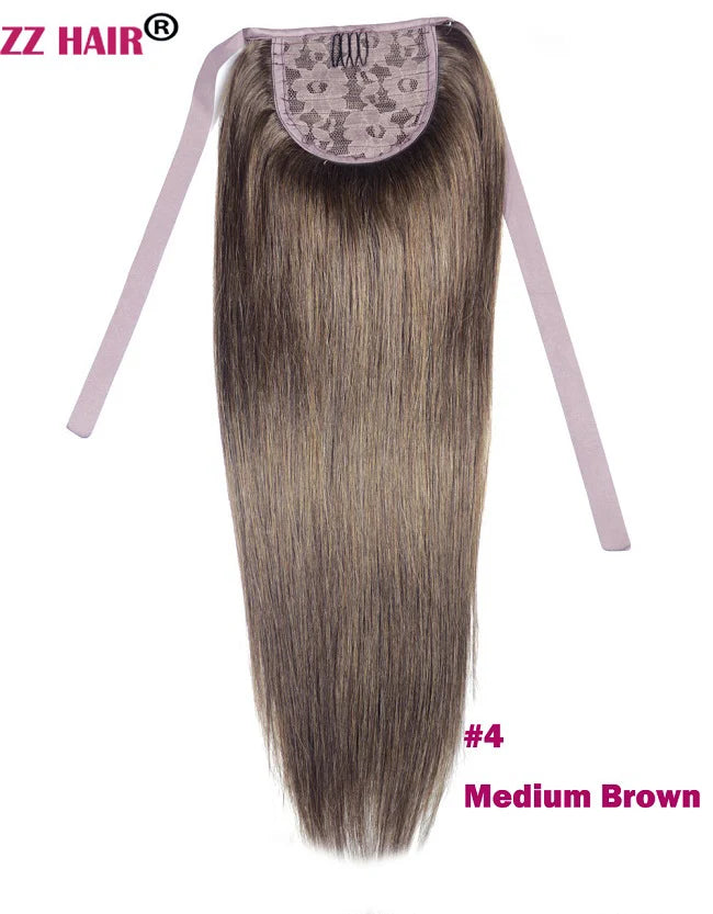 ZZHAIR Brazilian Remy human hair ribbon ponytail extensions, 16–20 inch natural straight, 60g horsetail clip-in
