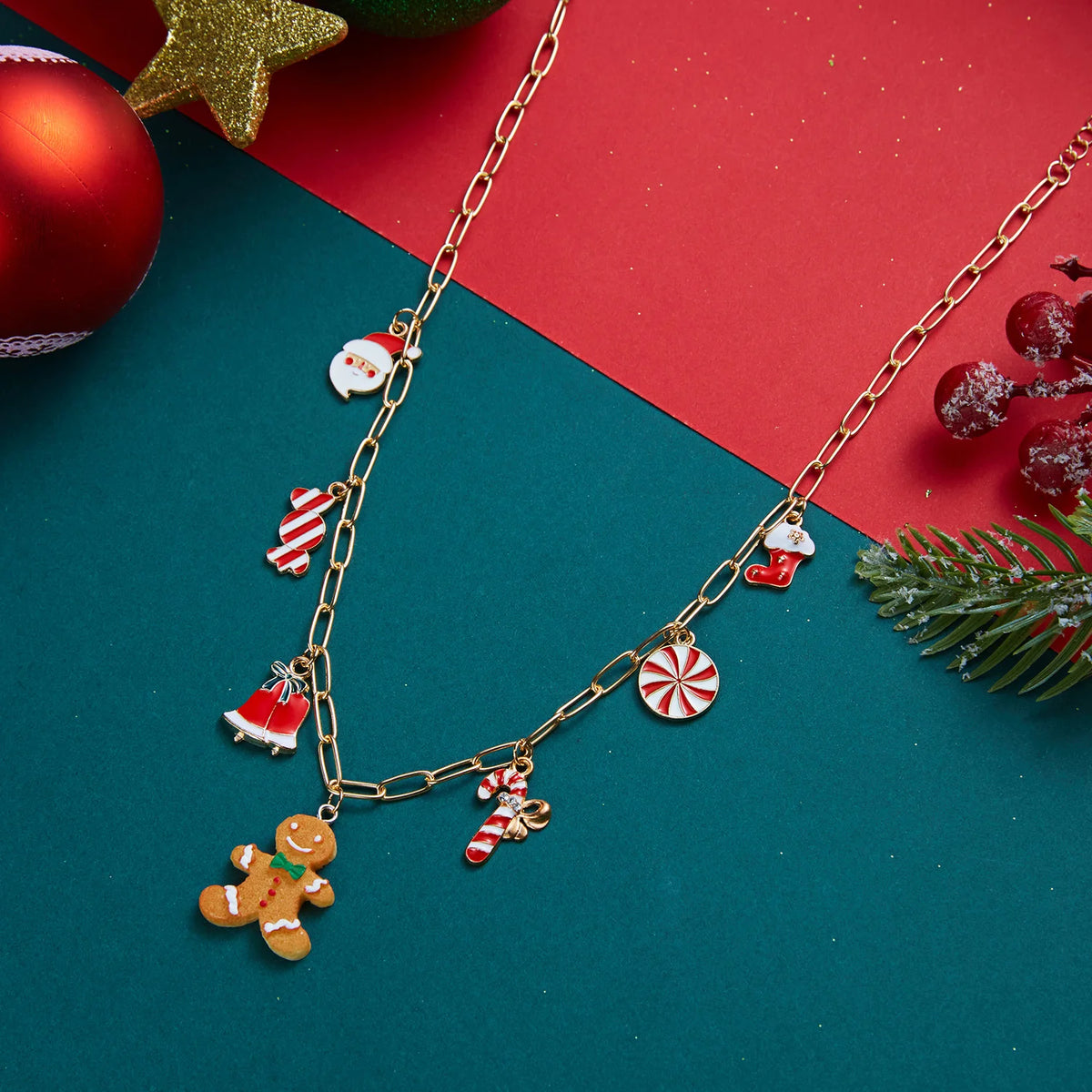 Christmas orange gingerbread man pendant necklace for ladies, featuring festive multi-pendant design and jewelry chain, perfect for holiday parties.