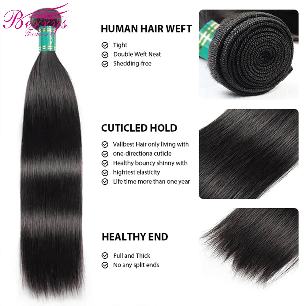 Berrys Fashion Straight 3 Bundles With 6x6 Lace Closure Brazilian Virgin Hair 10-28in Nature Color 100% Human Hair 5x5 Lace