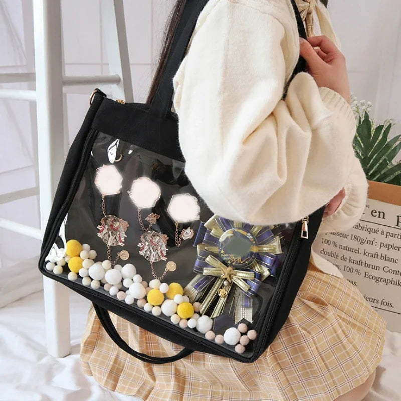 Big Ita Bag Black with insert, Japanese kawaii clear shoulder purse with double straps, transparent handbag for women, HSF Marketplace