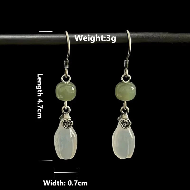 925 sterling silver jade drop earrings for women, elegant dangling jewelry with polished green jade stones