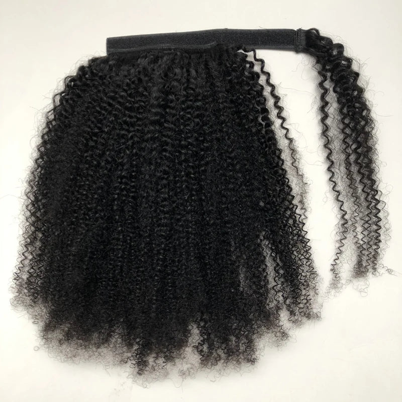 Mongolian Afro Kinky Curly Human Hair Wrap Around Ponytail Natural Color Clip Ponytail Extension Hair For Women 10-22 Inch