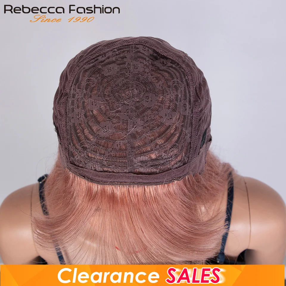 Dirty pink straight human hair wig with bangs, full machine-made, worn by a woman, showcasing its vibrant color and sleek style.