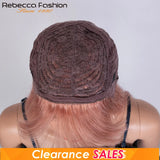 Dirty pink straight human hair wig with bangs, full machine-made, worn by a woman, showcasing its vibrant color and sleek style.