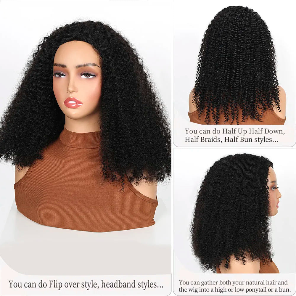 Kinky Curly human hair 3-in-1 half wig with drawstring, headband, and seamless clips for women