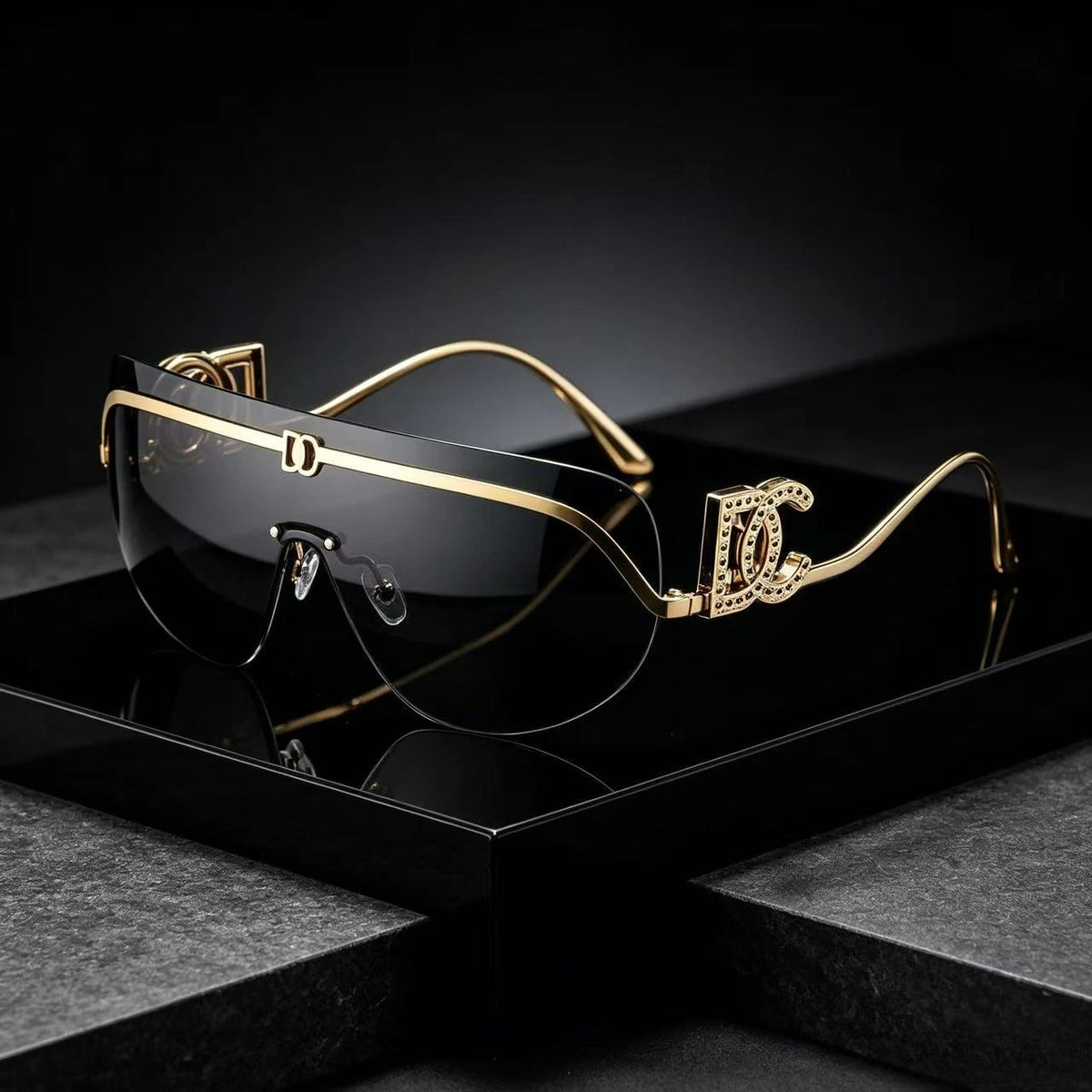 Luxury oversized shield sunglasses with gold metal frame, gradient lenses, UV400 protection, trendy HSF Marketplace shades.