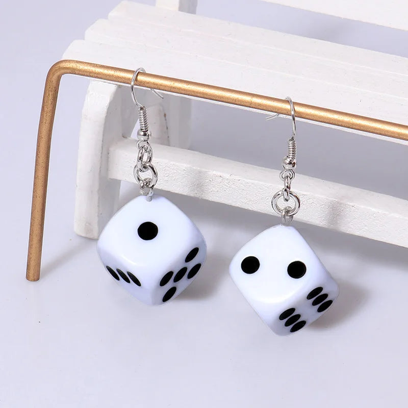 Aihua white and black square dice earrings for women, playful digital dice jewelry pair