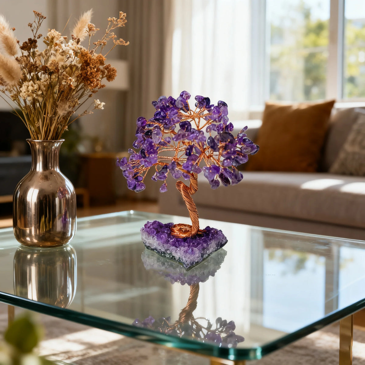Amethyst Healing Crystals Tree Wrapped with Wire on Natural Crystal Gravel with Base Stone Decoration for Home Desk Living Room