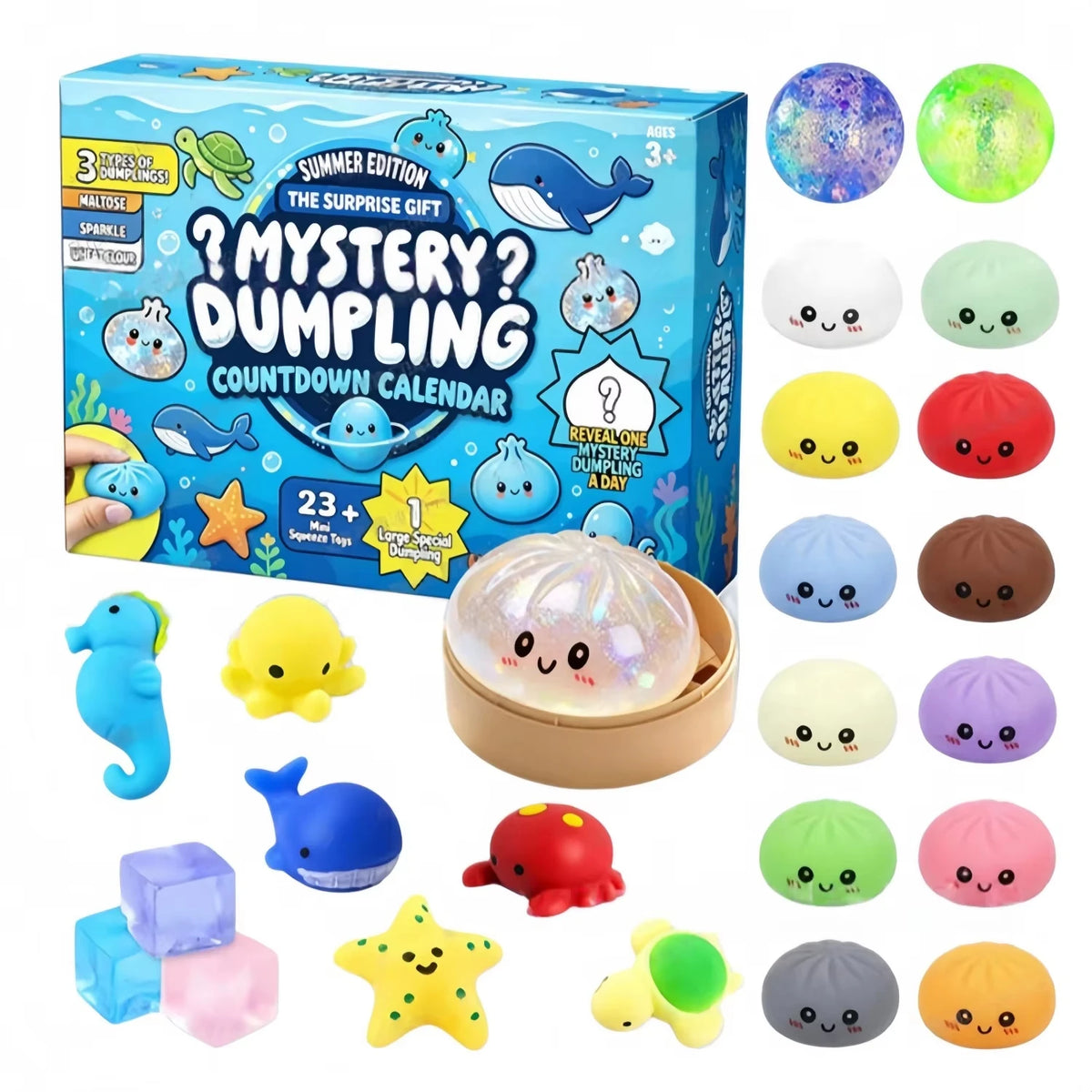 Dumpling Squishy Advent Calendar 2026 with 24 mystery sensory toys for Christmas fidget and stress relief