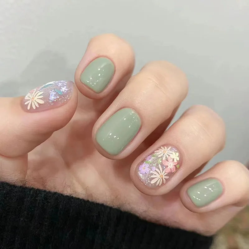 HSF Marketplace 24-piece short almond press-on nails with pink floral French tips and glossy full-cover finish